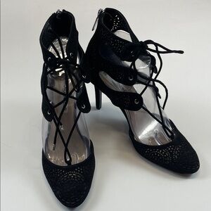 Karl Lagerfeld Paris Black Suede Laser Cut Lace Up Heels Womens Sz 8